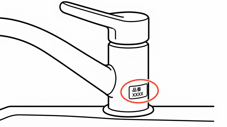 同じ蛇口の品番ラベルを近くから撮るイラスト